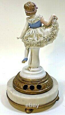 Antique Porcelain (Dresden) Lady Figurine Lace Dress Marble Base 7 1/4'tall