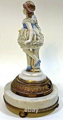 Antique Porcelain (Dresden) Lady Figurine Lace Dress Marble Base 7 1/4'tall