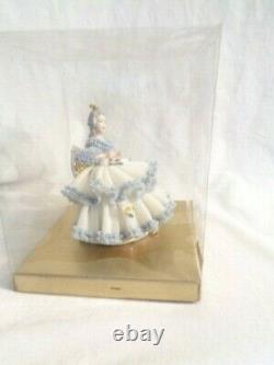 Antique Porcelain Dresden Woman With Blue And White Dress On A Chair With Box