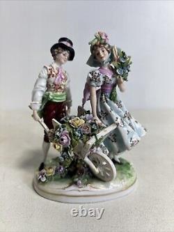 Antique Porcelain Figurine Country of Flowers, Pair Volkstedt Germany, Late 19th