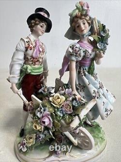 Antique Porcelain Figurine Country of Flowers, Pair Volkstedt Germany, Late 19th