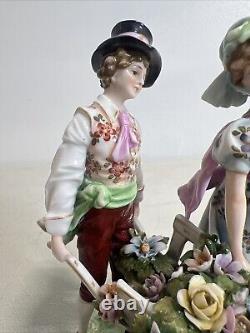 Antique Porcelain Figurine Country of Flowers, Pair Volkstedt Germany, Late 19th