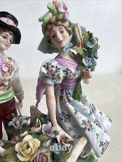 Antique Porcelain Figurine Country of Flowers, Pair Volkstedt Germany, Late 19th