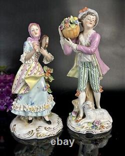Antique Porcelain Figurines Man & Woman Rudolstadt Dresden Lace c20thC 7.56.5