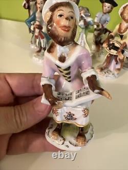 Antique Porcelain Monkey Band Figurines Set of 8, Drum, Flute, Bagpipes, 4-4.75