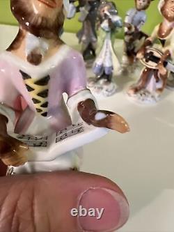 Antique Porcelain Monkey Band Figurines Set of 8, Drum, Flute, Bagpipes, 4-4.75