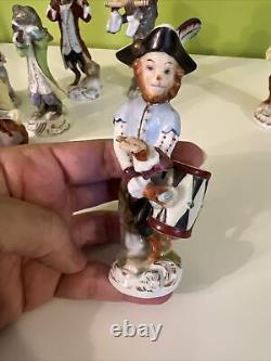 Antique Porcelain Monkey Band Figurines Set of 8, Drum, Flute, Bagpipes, 4-4.75