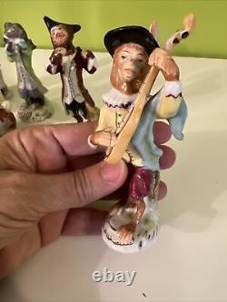 Antique Porcelain Monkey Band Figurines Set of 8, Drum, Flute, Bagpipes, 4-4.75