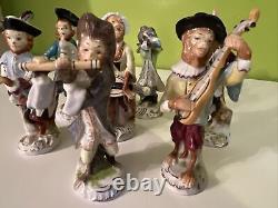 Antique Porcelain Monkey Band Figurines Set of 8, Drum, Flute, Bagpipes, 4-4.75