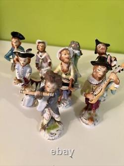 Antique Porcelain Monkey Band Figurines Set of 8, Drum, Flute, Bagpipes, 4-4.75