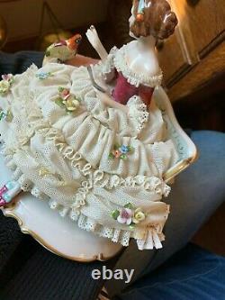 Antique Pretty German Woman And Bird Porcelain Lace Figurine With Free Shipping