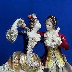 Antique Rare Germany Dresden Lace Volkstedt Couple Lovers Porcelain Figurine