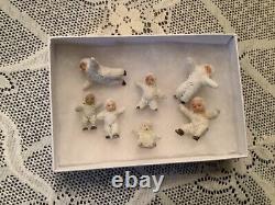 Antique Set Of 7 Rare German Hertwig Bisque Tiny Snow Babies