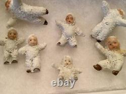 Antique Set Of 7 Rare German Hertwig Bisque Tiny Snow Babies