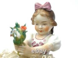 Antique Sitzendorf Dresden Lace Girl With Flowers In Field Porcelain Figurine