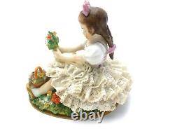 Antique Sitzendorf Dresden Lace Girl With Flowers In Field Porcelain Figurine