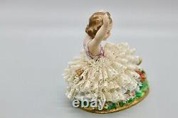 Antique Sitzendorf Dresden Lace Girl With Raised Arms & Flowers Grass Lawn