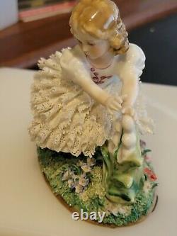 Antique Sitzendorf Dresden Lace Porcelain Figurine Girl Kneeling for Flowers