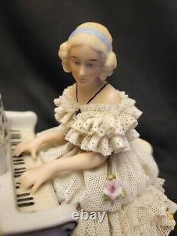 Antique Unterweissbach Porcelain Lace Figurine Lady at Piano Made in Germany