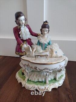 Antique Vintage Dresden Lace Germany Marked Figurine Couple Playing Piano Music