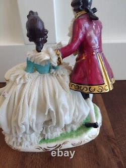 Antique Vintage Dresden Lace Germany Marked Figurine Couple Playing Piano Music