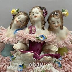 Antique Volkstedt German Porcelain Dresden Lace Three Ballerina Reading Sitting
