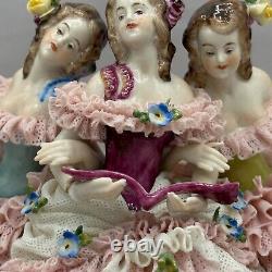 Antique Volkstedt German Porcelain Dresden Lace Three Ballerina Reading Sitting