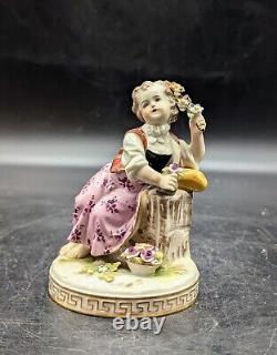 Antique Volkstedt Porcelain Figurine Girl Holding Flowers Germany 4.75