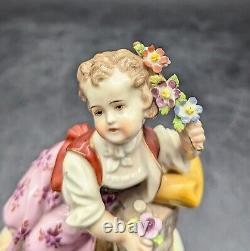 Antique Volkstedt Porcelain Figurine Girl Holding Flowers Germany 4.75