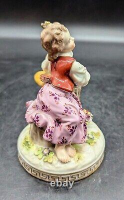 Antique Volkstedt Porcelain Figurine Girl Holding Flowers Germany 4.75