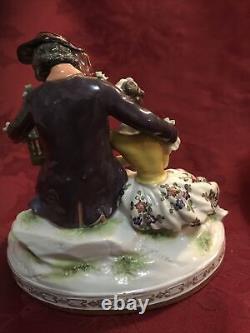 Antique Volkstedt Porcelain Romantic Couple Figurine Dog Bird Cage German
