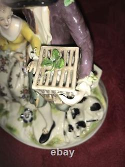 Antique Volkstedt Porcelain Romantic Couple Figurine Dog Bird Cage German