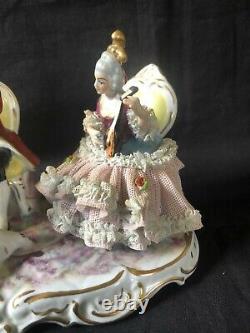 Antique dresden porcelain lace figurine. Musicians. Marked bottom