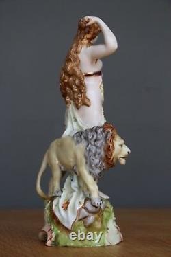 Antique porcelain Rococo statue Diana Artemis Lion E & A Mueller 1900 original