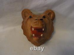 Bear Head Glass Eyes Wood Carved Wall Holder Vintage German #H