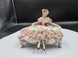 Beautiful Vintage Dresden Lace Figurine Lady on Couch Very Good Cond Pink Settee