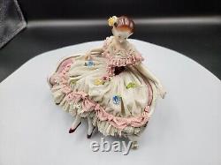 Beautiful Vintage Dresden Lace Figurine Lady on Couch Very Good Cond Pink Settee