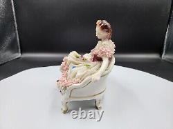 Beautiful Vintage Dresden Lace Figurine Lady on Couch Very Good Cond Pink Settee