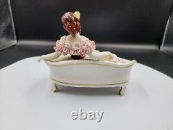 Beautiful Vintage Dresden Lace Figurine Lady on Couch Very Good Cond Pink Settee