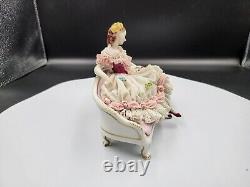 Beautiful Vintage Dresden Lace Figurine Lady on Couch Very Good Cond Pink Settee