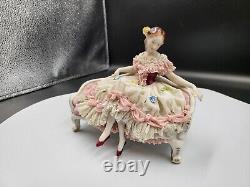 Beautiful Vintage Dresden Lace Figurine Lady on Couch Very Good Cond Pink Settee