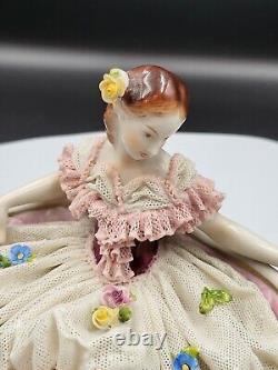 Beautiful Vintage Dresden Lace Figurine Lady on Couch Very Good Cond Pink Settee