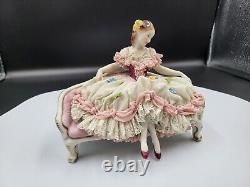 Beautiful Vintage Dresden Lace Figurine Lady on Couch Very Good Cond Pink Settee