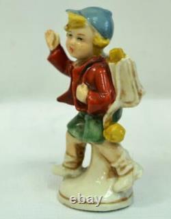 Boy & Backpack Figurine Vintage Porcelain Figurine 1970s Height 8cm Décor Gift