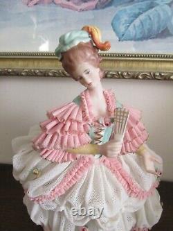 Dresden Germany Lace Porcelain Figurine Girl With A Fan