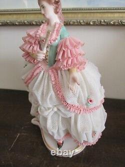 Dresden Germany Lace Porcelain Figurine Girl With A Fan