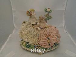Dresden Lace Two Maidens in a Meadow Figurine Unterweissbach Germany ANTIQUE
