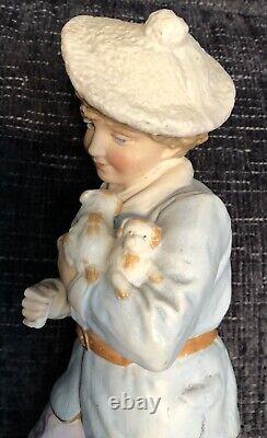 Early 12 Antique Porcelain Bisque Figurine German Bisque Boy Holding Puppies