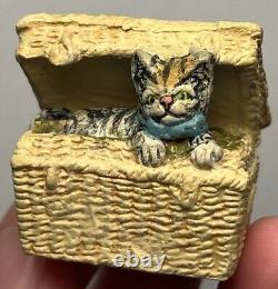 Early Vintage 1.5 Cat In Basket German Cat Miniature Cat Stamped Germany