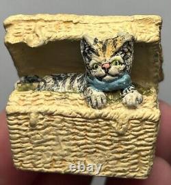 Early Vintage 1.5 Cat In Basket German Cat Miniature Cat Stamped Germany